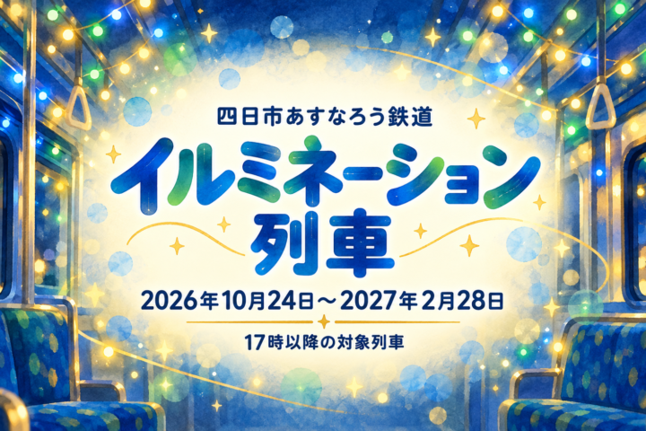四日市あすなろう鉄道イルミネーション列車。2026年10月24日～2027年2月28日、17時以降の対象列車。ブルー・グリーン・ゴールドの光を描いた編集部制作のイメージイラスト。