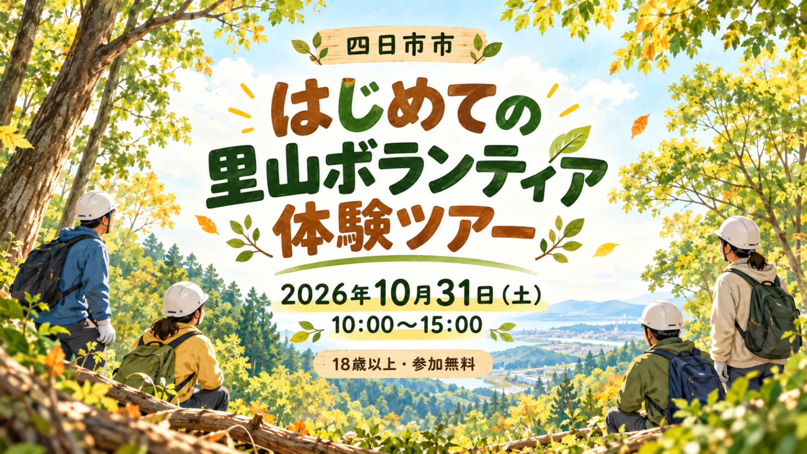 四日市市 はじめての里山ボランティア体験ツアー。2026年10月31日（土）10時〜15時、18歳以上・参加無料。編集部制作のイメージイラスト。
