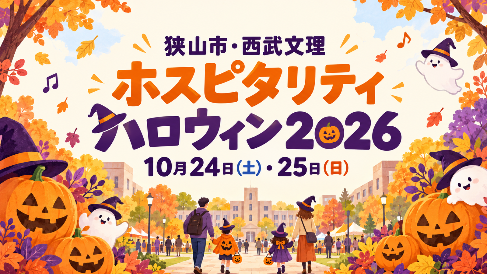 10月24日・25日開催のホスピタリティハロウィン2026を案内する、カボチャやおばけと家族のイメージイラスト