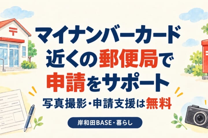 マイナンバーカードは近くの郵便局で申請をサポート。写真撮影・申請支援は無料。岸和田BASE・暮らし。郵便局、ポスト、申請書、カメラのイラスト。