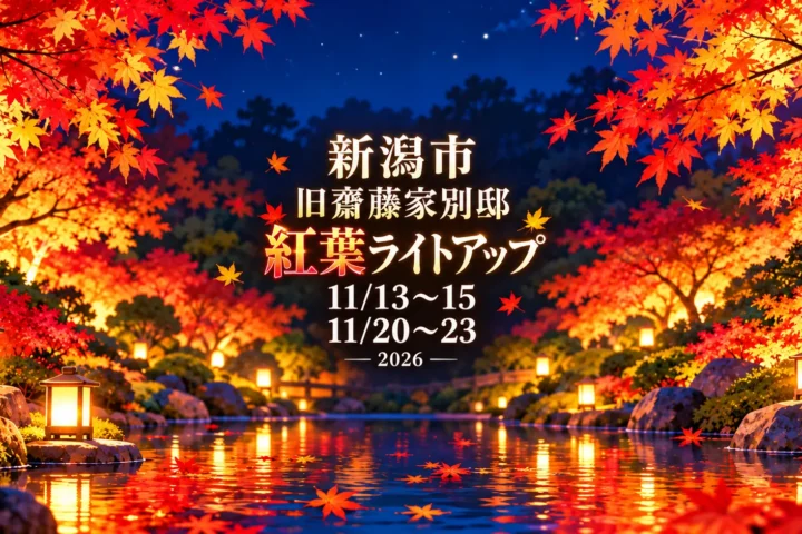 旧齋藤家別邸の秋の庭園ライトアップ2026｜11月13日から7日間、室内で眺める夜の紅葉｜編集部制作のイメージイラスト