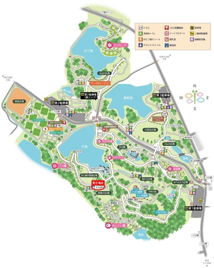 蜻蛉池公園の公式開催場所案内図。来園前に会場を確認してください。